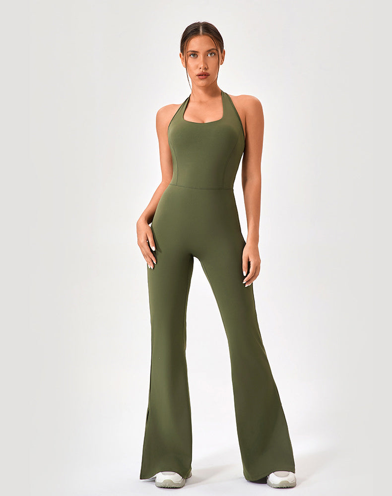 Halter Neck Flare Jumpsuit One Piece Side Split Yoga Rompers