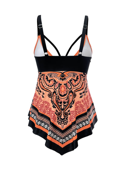 Tribal Print V Neck Hanky Hem High Cut Swimsuits