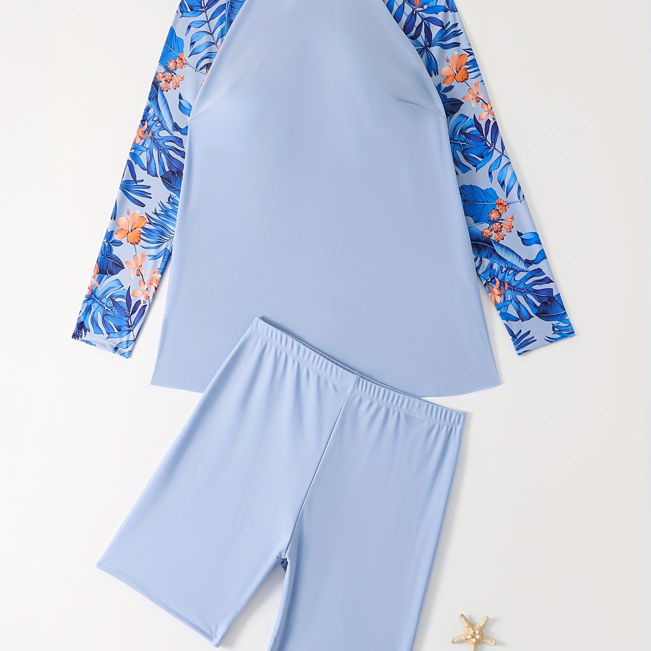 Plus Size Tropical Long Sleeves Swimwear Set