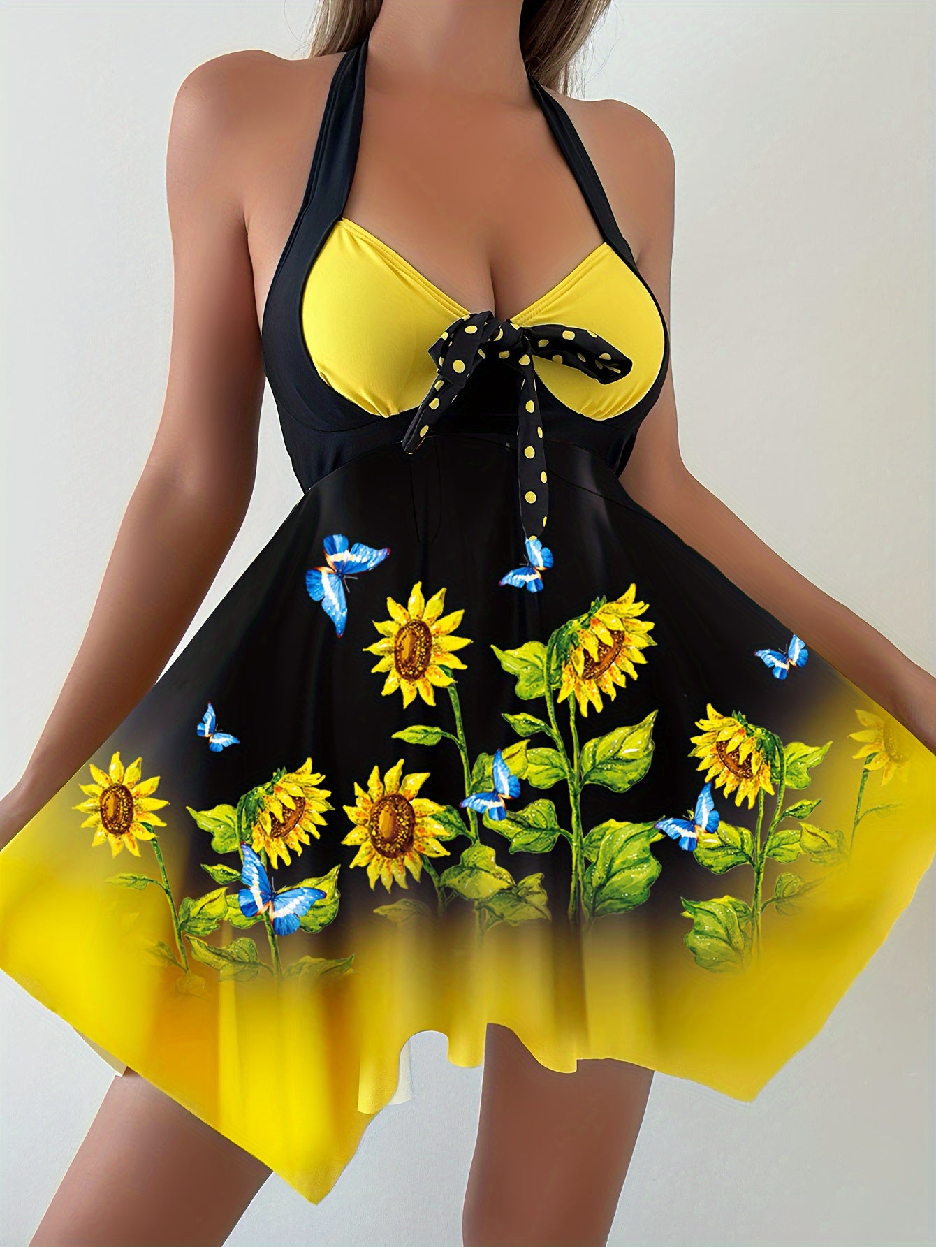 Vibrant Sunflower Print Two-Piece Tankini Set