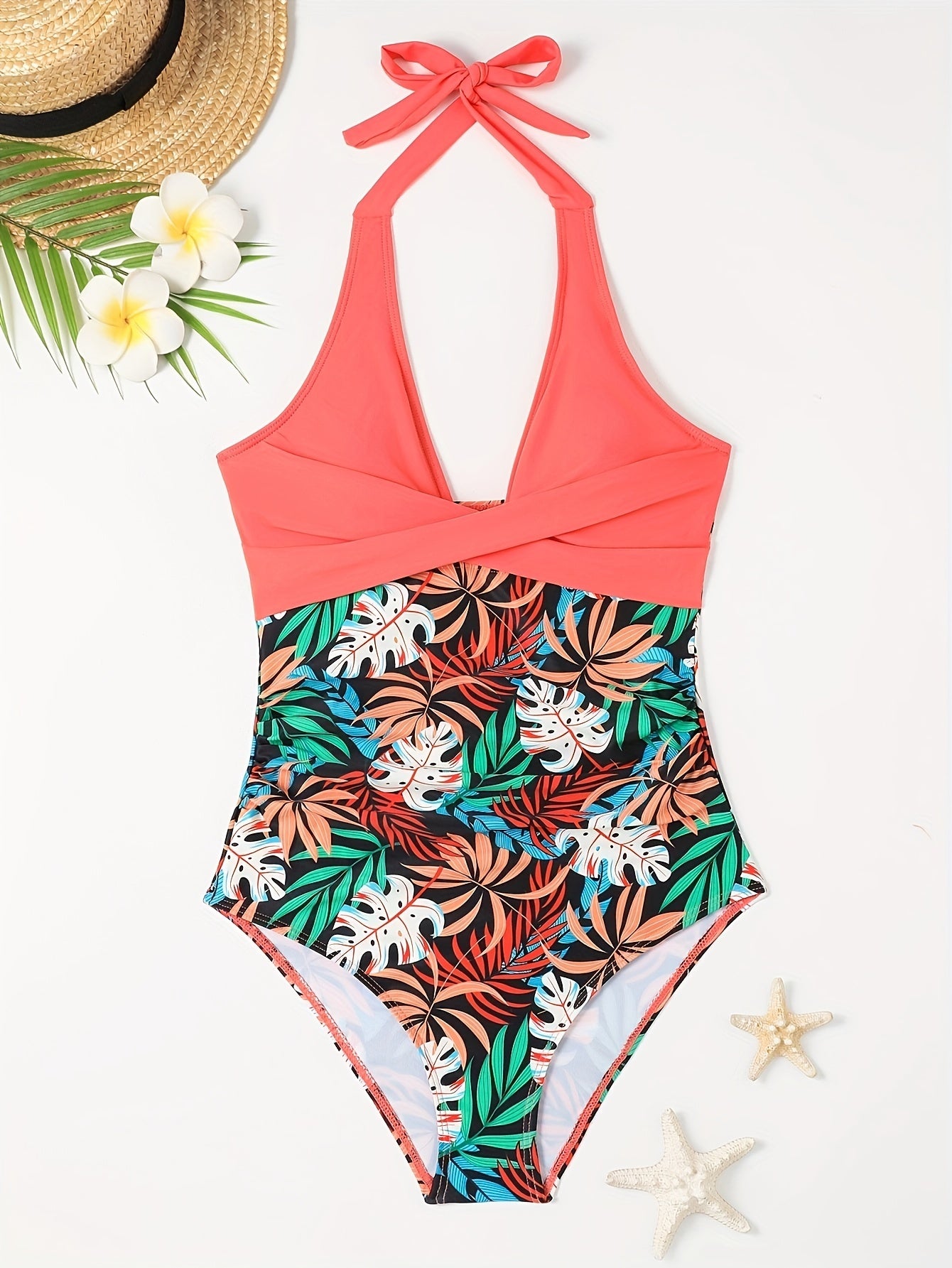 V Neck Halter Tie Neck One Piece Bathing Suit