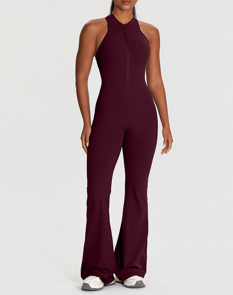 Zipper Racerback Yoga Bodysuit Flare Jumpsuit with Pockets
