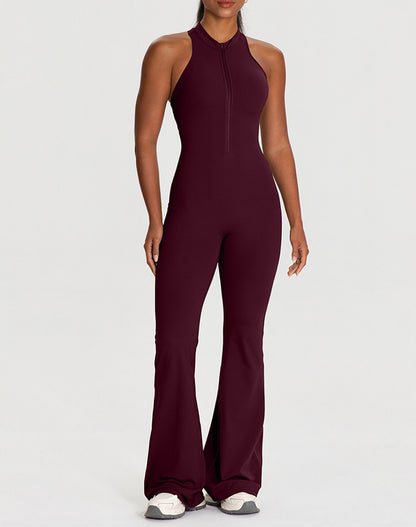Zipper Racerback Yoga Bodysuit Flare Jumpsuit with Pockets