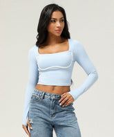 Square Neck Long Sleeve Slim Fitted Crop T-Shirt