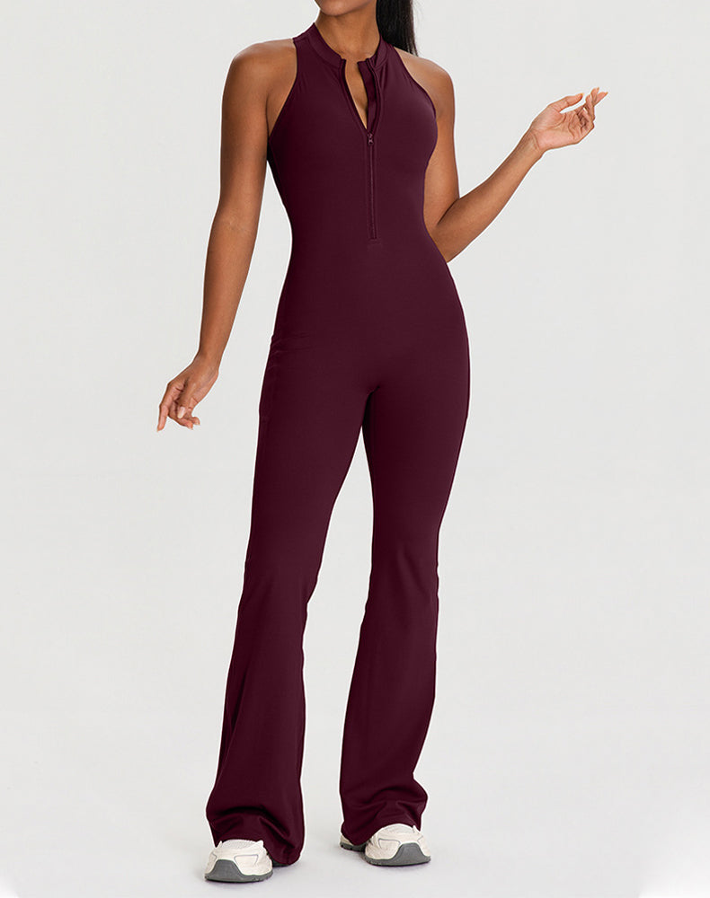 Zipper Racerback Yoga Bodysuit Flare Jumpsuit with Pockets
