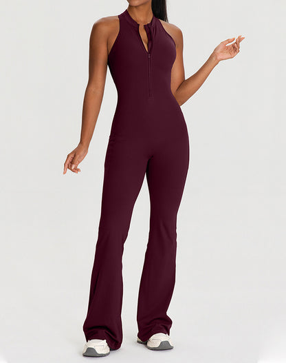 Zipper Racerback Yoga Bodysuit Flare Jumpsuit with Pockets