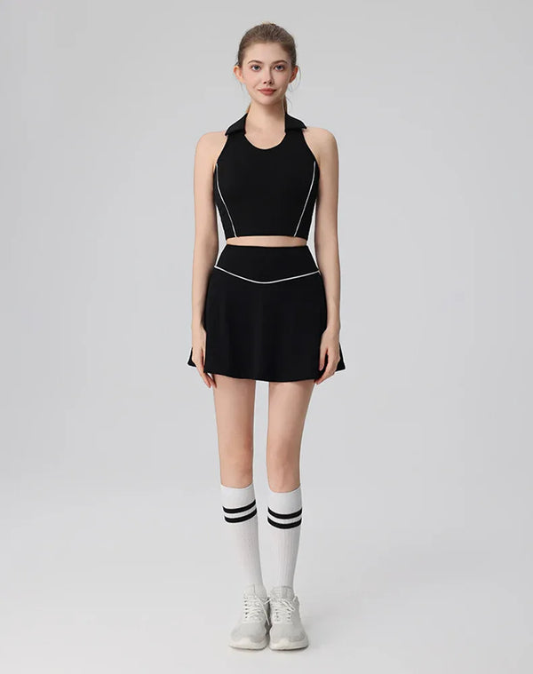 Tennis Sets with Polo Collared Crop Tank Top and Golf Skirt
