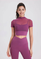 Mesh Fitness Crop T-Shirts with Built-in Chest Pad