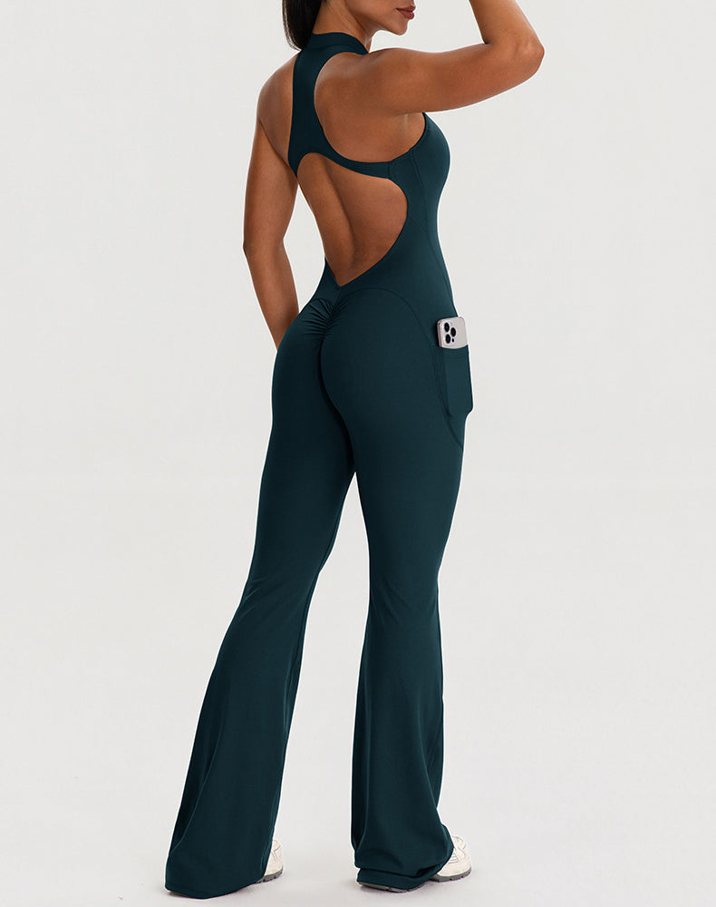 Zipper Racerback Yoga Bodysuit Flare Jumpsuit with Pockets