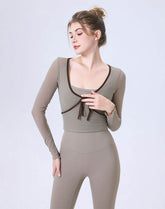 Faux Two Piece Long Sleeve Mesh Crop Top Tie Yoga T-Shirts