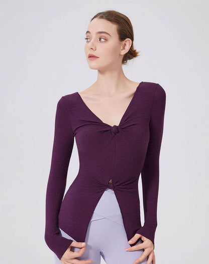 V Neck Twist Knot T-Shirts Long Sleeve Split Slim Fit Tops