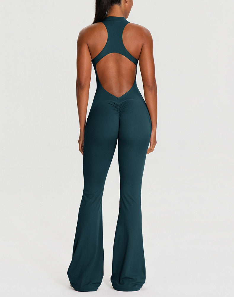 Zipper Racerback Yoga Bodysuit Flare Jumpsuit with Pockets