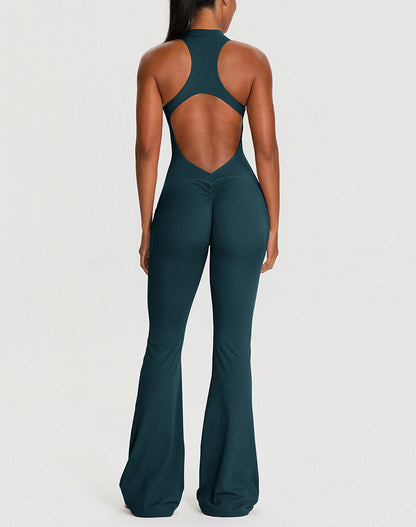 Zipper Racerback Yoga Bodysuit Flare Jumpsuit with Pockets