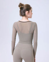 Faux Two Piece Long Sleeve Mesh Crop Top Tie Yoga T-Shirts