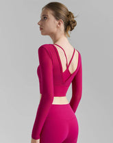 Mesh Long Sleeve Crop Tops V-shaped Cutout Back Yoga T-Shirt