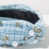 Classic Tweed Fabric Knotted Headband with Pearl and Rhinestone