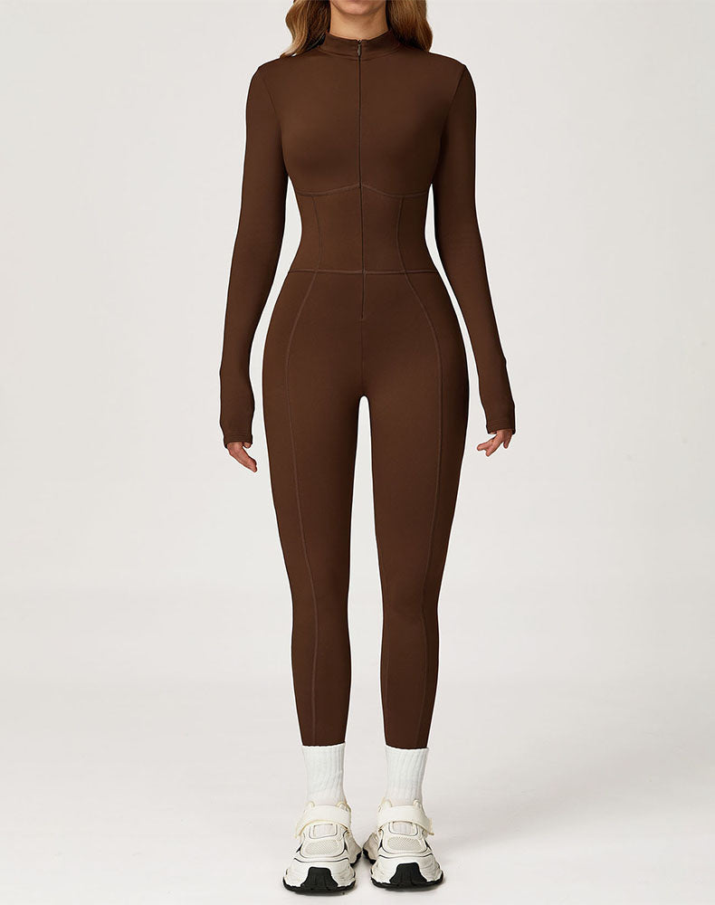 Contour Seams Workout Jumpsuit Zip Up One Piece Bodysuit