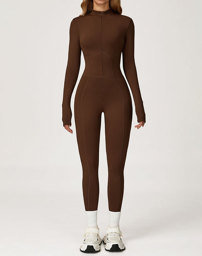 Contour Seams Workout Jumpsuit Zip Up One Piece Bodysuit