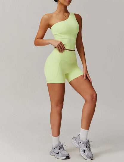 Solid Yoga Set with One Shoulder Tank Top and Short | Ideal for Sports