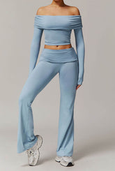 Active Wear Set with Long Sleeve Off Shoulder Crop Top and Flare Pants