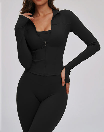 Cropped Jacket Zip Slim Fit Athletic Tops with Thumb Holes