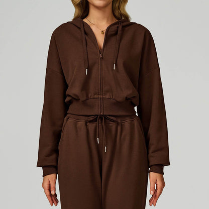 Long Sleeve Full Zip Up Crop Drawstring Hoodie Jacket
