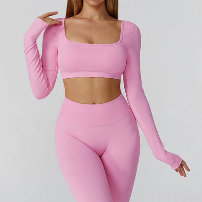Long Sleeve Crop Top Yoga T-Shirt with Built in Bra