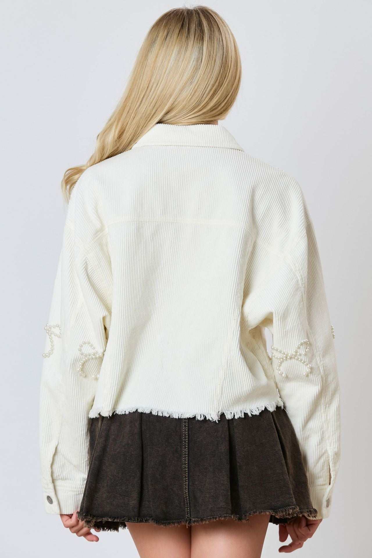 Pearl Bow Cropped Corduroy Jacket | Chic &amp; Trendy Layering Piece