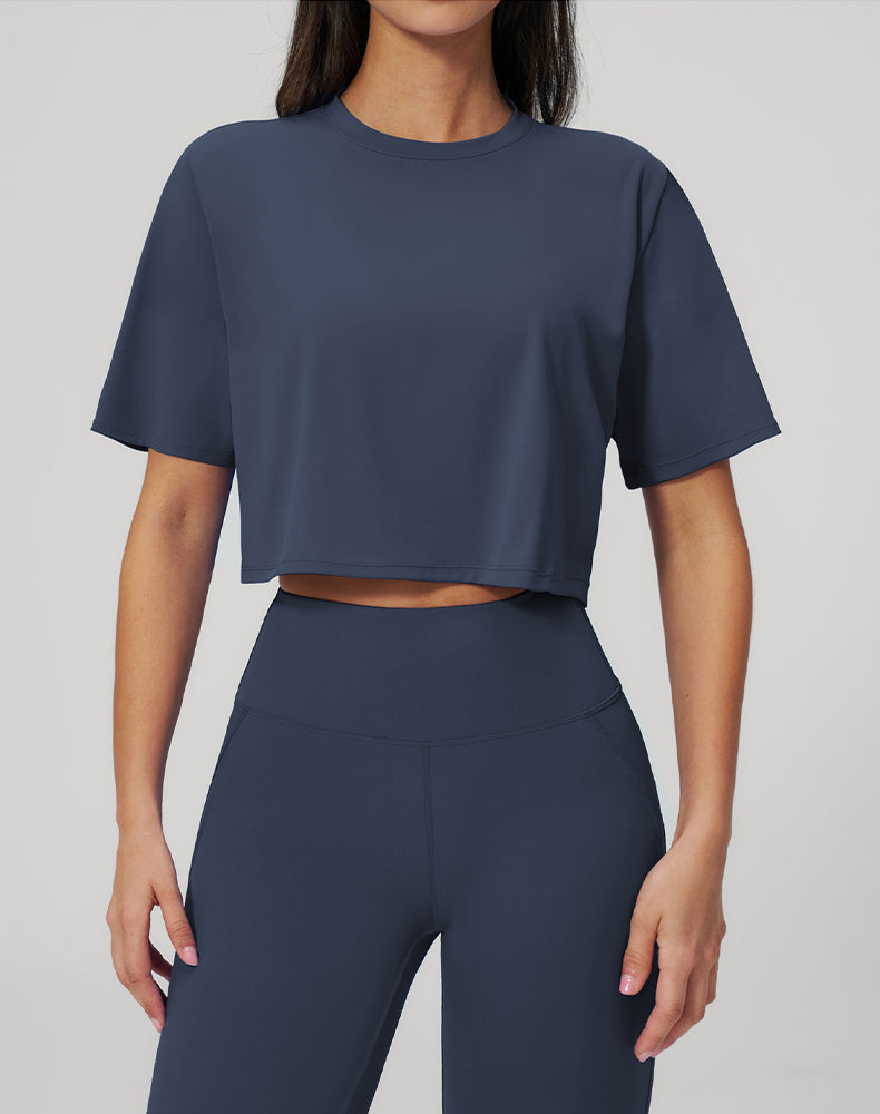 Short Sleeve Crop Tops Round Neck T-Shirts Loose Fit Blouse