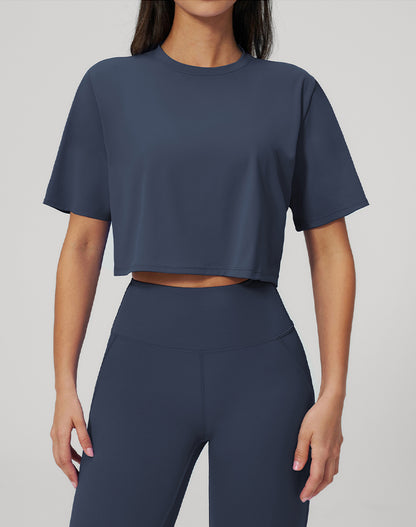 Short Sleeve Crop Tops Round Neck T-Shirts Loose Fit Blouse