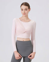 Mesh Twist Front Long Sleeve T-Shirts Round Neck Crop Tops