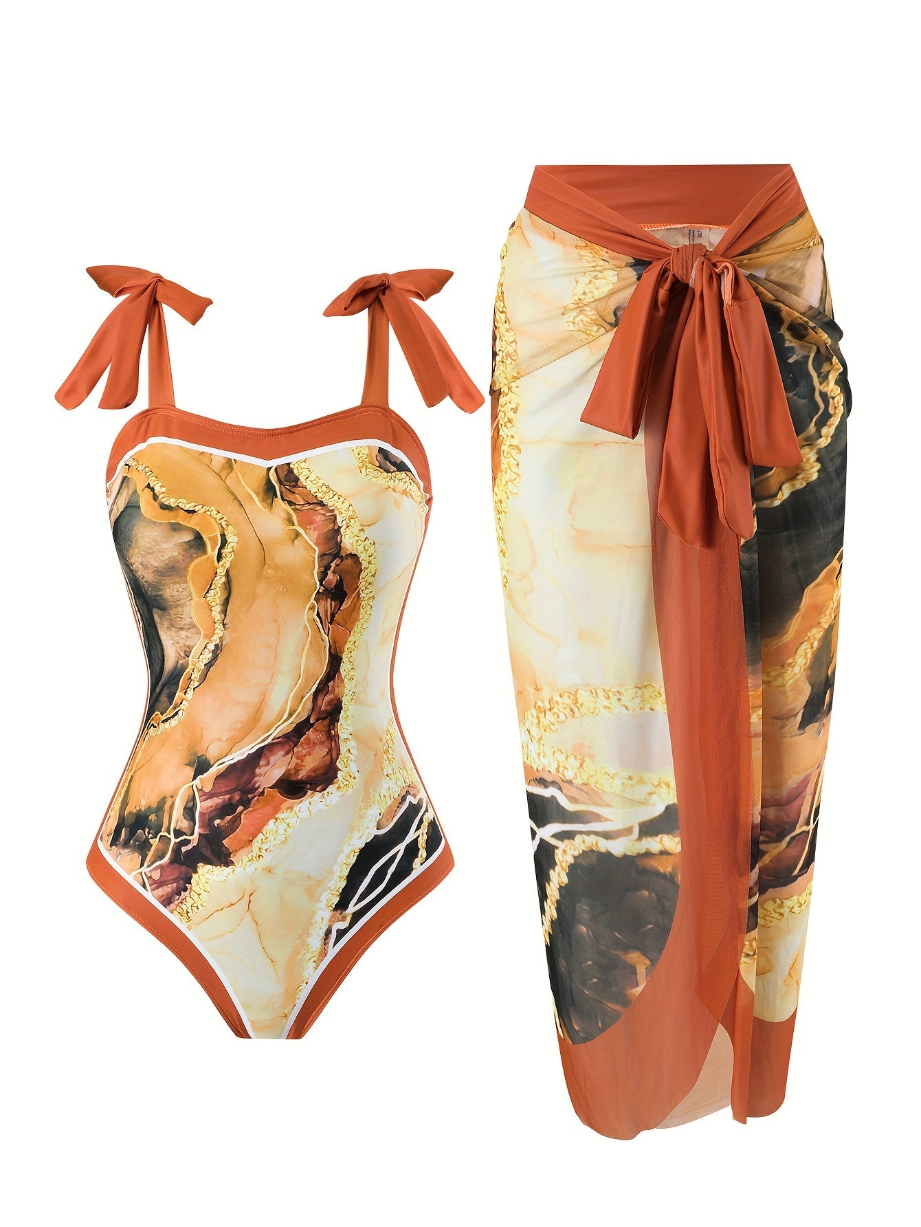 Chic Brown Marble Print Swimsuit Set