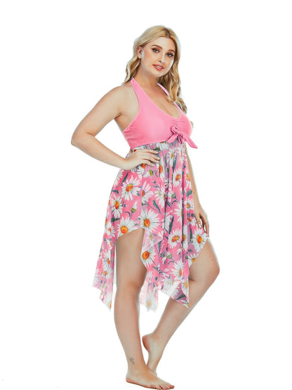 Plus Size Floral Print Irregular Hem Dress &amp; Panty Swimsuit Set