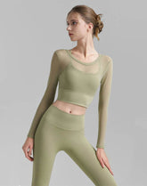 Mesh Long Sleeve Crop Tops V-shaped Cutout Back Yoga T-Shirt