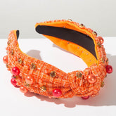 Classic Tweed Fabric Knotted Headband with Pearl and Rhinestone