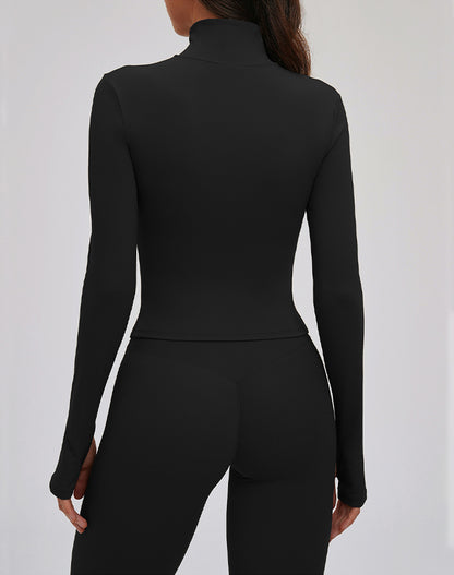 Cropped Jacket Zip Slim Fit Athletic Tops with Thumb Holes