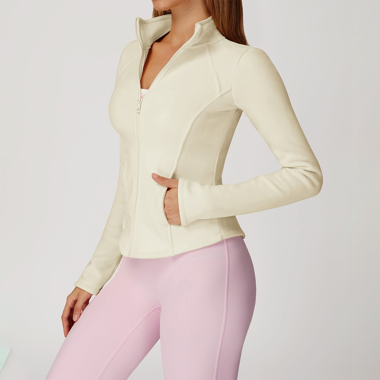 Full Zip Fleece Jacket Long Sleeve Coat with Pockets