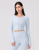 Long Sleeve Button Up Cropped Cardigan Crew Neck Tops