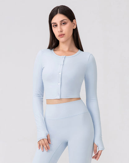 Long Sleeve Button Up Cropped Cardigan Crew Neck Tops