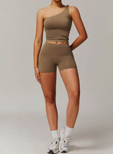 Active Wear Set with One Shoulder Knot Design Tank Top and Shorts