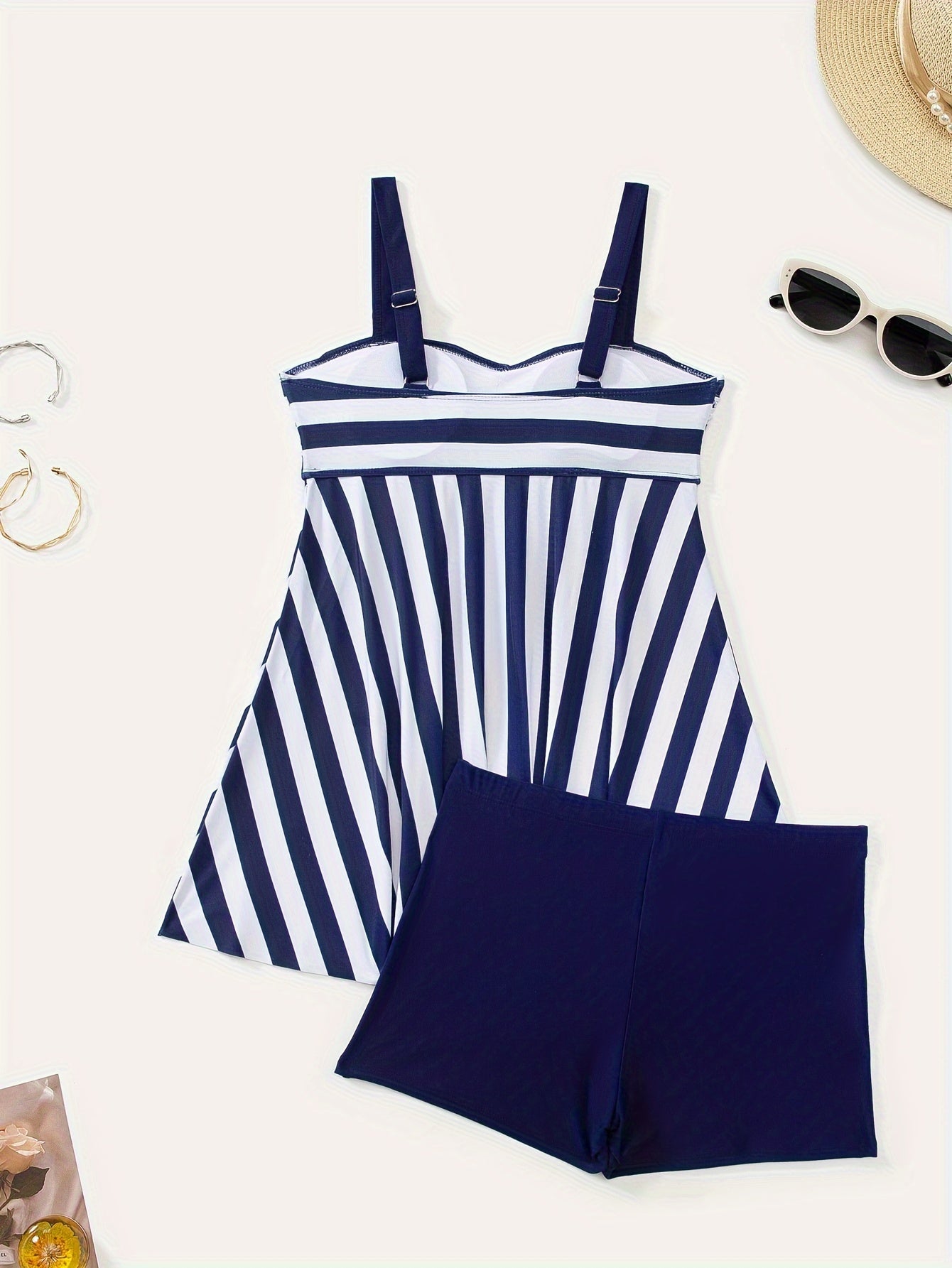 2 Piece Striped Print Tankini Swimsuit Set