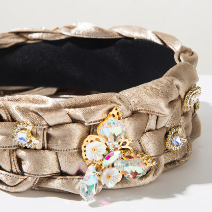 Hand Silks Satins Braided Headband with Butterfly Rhinestones