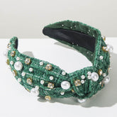 Classic Tweed Fabric Knotted Headband with Pearl and Rhinestone
