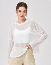Sheer Long Sleeve Mesh Top Crewneck Loose See Through Blouse