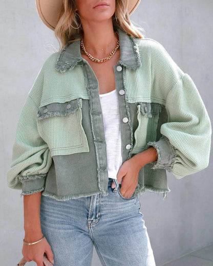 Denim Spliced Waffle Knit Cropped Jacket | Stylish &amp; Versatile Layer