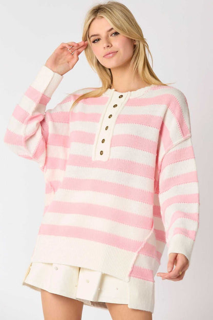 Long Sleeve Button Striped Pullover Sweater | Stylish &amp; Versatile