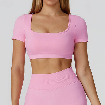 Short Sleeve Crop Top Yoga T-Shirt with Built in Bra