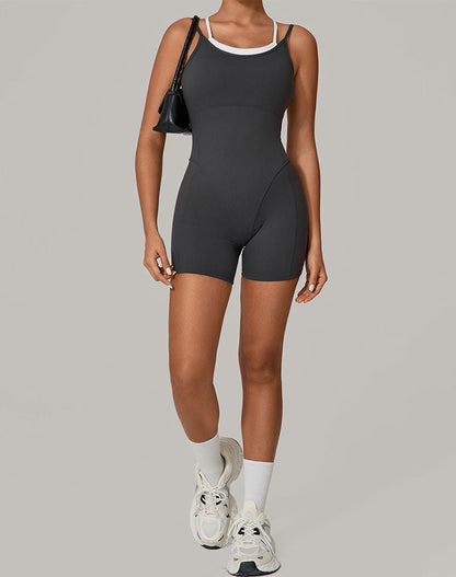 Fake Two Piece Short Bodysuit One Piece Athletic Jumpsuit
