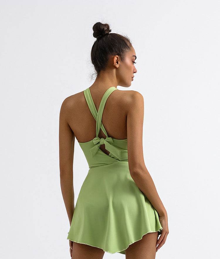 Cross Back Tennis Dresses with Built Shorts Red Brown / S