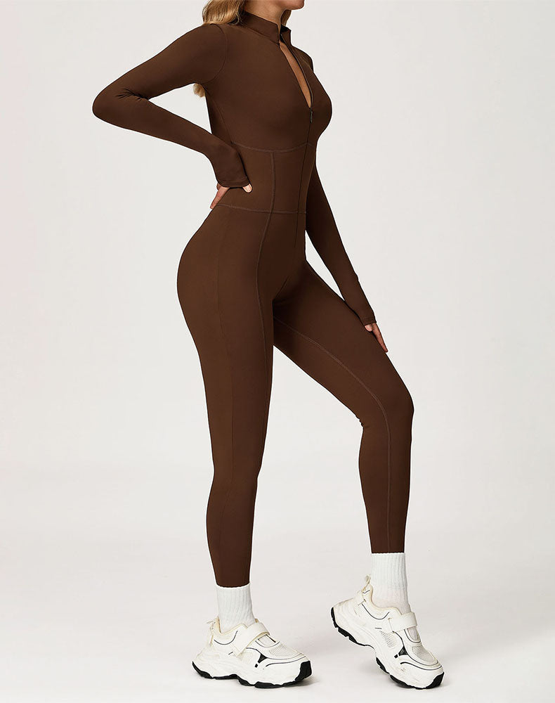 Contour Seams Workout Jumpsuit Zip Up One Piece Bodysuit